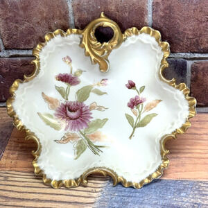 VINTAGE Kalk Porcelain Trinket/Candy Dish Flowers Gold Trim Crossed Arrows #6676